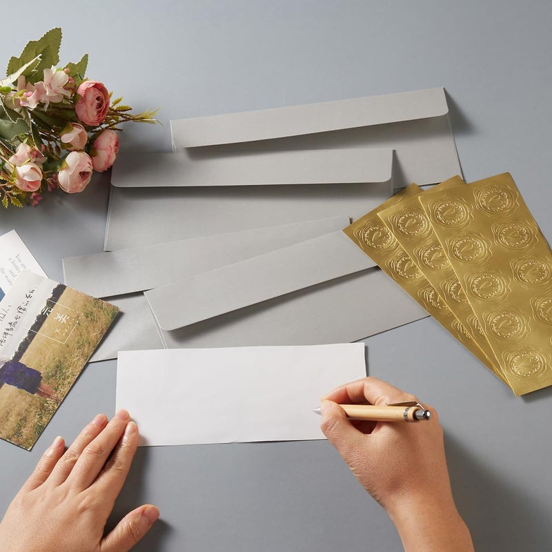Wishop 50 Pack Shiny #10 Business Envelopes Self Seal Standard Envelopes with Gold Stickers for Office Checks, Business Cards, Letter Mailing Invoices, 4.13 x 9.49 Inches (Silver) - Image 4